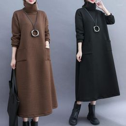 Casual Dresses Large Size Thickened High-Neck Dress Women's Autumn And Winter Solid Stitching Big Pockets Bottoming Long Sweatshirt T579