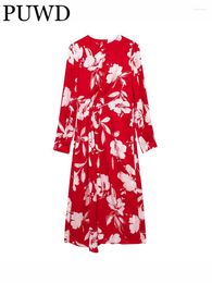 Casual Dresses PUWD Women Fashion Red Floral Printed Dress 2023 Spring Vintage O Neck Back Zipper Long Sleeves Female Mujer