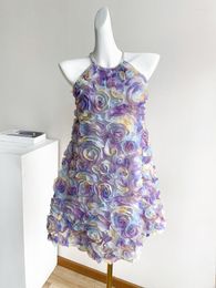 Casual Dresses 2023 French Romantic Purple For Women 3D Flower Decoration Dress O Neck Beaded Party Sleeveless Y3972