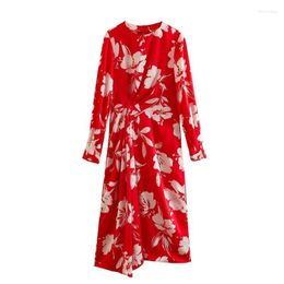 Casual Dresses Flowers Print Irregular Long Sleeved Red Dress