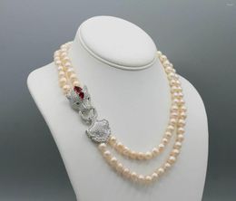 Chains Hand-made Micro Inlaid Zircon Leopard Head Accessories 8-9mm Pink Freshwater Pearl Necklace 43-47cm Long