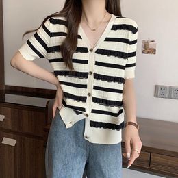 Women's Knits Cardigan Women Summer 2023 Thin Sweater Stripe V Neck Knit Crop Top Short Sleeve Sweaters Female Clothes White Sweter Mujer