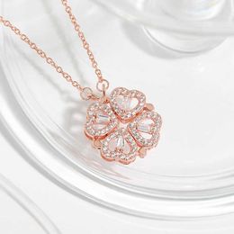 four leaf clover folding heart two ways wearing charm necklace gold plated choker chain fine Jewellery