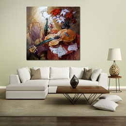 Still Life Abstract Canvas Art Wines with Guitar Handcrafted Oil Painting Modern Decor for Studio Apartment