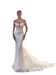 Sexy Mermaid Wedding Dresses Off Shoulder Sleeveless Appliques Beads Chiffon Sheath Wedding Dress Sweep Train Bridal Gown