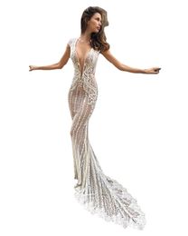 Sexy Berta Illusion Top Mermaid Wedding Dresses Deep V Neck Lace Appliqued Bridal Gowns Vestido De Novia Cap Sleeve Beach Wedding Dress