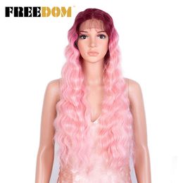 Synthetic Lace Wigs Long Wavy Lace Middle Part Wig 28 Inch Pink Lace Wig High Heat Resistant Wigs For Black Women 230524