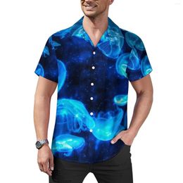 Men's Casual Shirts Nautical Jellies Print Blue Jellyfish Beach Shirt Summer Vintage Blouses Men Plus Size 3XL 4XL