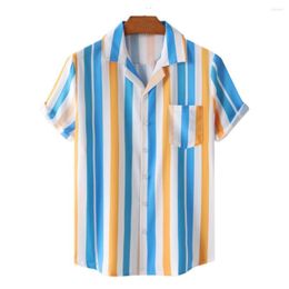 Men's Casual Shirts 2023 Spring And Summer Fashion Hit Men's Hawaiian Beach Style Cuban Collar Top Stripe Contrast Loose Short-Sleeved