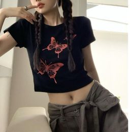 Women's T Shirts 2000s Y2k Streetwear Graphic Crop T-shirts Women Korean Fashion Slim Black Short Sleeve Top Female Hippie Casual Tees
