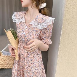 Party Dresses Women Robe Doll Neck Korean Version Short Sleeved Floral Dress Slim Waist In Summer Gentle Elegant Lady Female Clothing