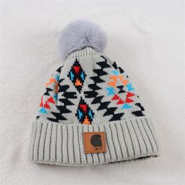 Quality Winter Warm Hat Bohemian Colourful Printing Fur Ball Knitted Hat Trendy All-Match Leisure Pullover Hat