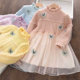 Girl's Dresses Baby Girl Princess Butterfly Applique Winter Knitted Sweater Dress Mesh Party Clothing Children Toddler Clothes R230612