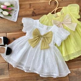 Flickans klänningar Bow Dress Old Summer Color Contrast Simple Princess Girls kläder