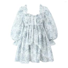 Casual Dresses Boho Inspired Floral Print Cotton Mini Party Gown Dress Squre Neck Longn Sleeve Cute Women Bow Tied Ruffled Summer