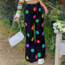 Calças femininas capris transparentes perna larga cintura alta verão floral malha crochê praia férias calças compridas 230609