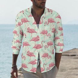 Men's Casual Shirts Cute Flamingo Pattern Shirt Tropical Animal Print Long Sleeve Graphic Streetwear Blouses Vintage Oversized Clothes