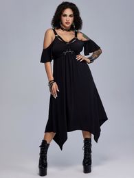 Plus size Dresses ROSEAGL Size Gothic Black PU Leather Strap Rings Cold Shoulder Dress Summer Asymmetrical AnkleLength Vestidos 230612