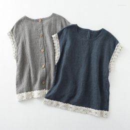 Women's Blouses Summer 2023 Plaid Cotton Linen Vest Female Retro Loose Sleeveless Tops Women Shirt Casual Streetwear