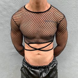 Men's T Shirts Sexy Hollow Out Mesh Basic Tops Mens Nightclub Partywear Fashion Transparent O Neck Long Sleeve Slim T-shirt Men Crop