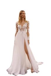 Sexy Berta Wedding Dresses V Neck Appliqued Long Sleeves Lace Bridal Gown Backless High Split Ruffle Sweep Train Robes De New