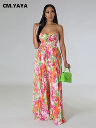 Women's Jumpsuits Rompers CM.YAYA Women INS Flower Strapless Bowkot Pleated Wide Leg Straight Jumpsuit Holiday Beach Playsuit Suit Romper 230609