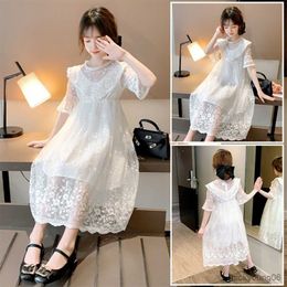 Girl's Dresses Kids Teenage Ruffles Neck Floral Embroidery White Sleeve Mesh Princess Long Dress Teens Girls Clothes R230612