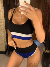 Women's Swimwear Sexy Female Swimsuit High Waist Bikini Women Two-pieces Set Ribbed Splicing Bather Bathing Suit Swim Lady V2238O