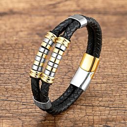 Luxury Design Double Layered Leather Bracelet Stainless Steel Charm Jewelry for Men Gift