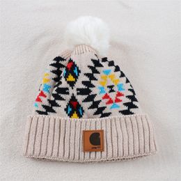 Winter Warm Hat Bohemian Colourful Printing Fur Ball Knitted Hat Trendy All-Match Leisure Pullover Hat Classic