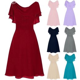 Women Wedding Guest Bridesmaid High-Waist Formal Dress Solid Colour Ruffles Short Sleeve Party Ball Prom Gown Cocktail