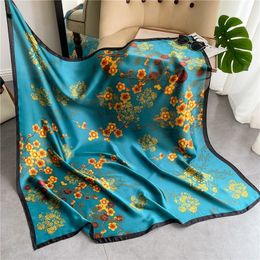 Sarongs 럭셔리 110cm 정사각형 스카프 여성 히잡 큰 실크 스카프 무슬림 머리 스카프 랩 플로럴 숄 반다나 파울 라드 여성 Bufanda 230609