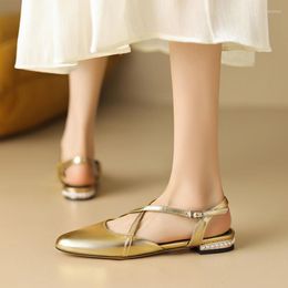 Sandals Leshion Of Chanmeb Women Genuine Leather Pearls Heels Cross-tied Strap Buckle Gold Silver Closed Toe Flat Sandal Shoe 40