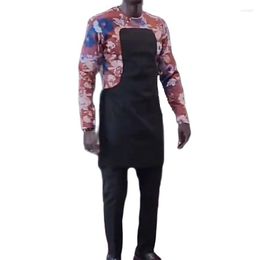 Men's Tracksuits Naija Tailored Black Groom Suit Men's Set Patchwork Tops Elastic Waist Trousers African Print Shirts Patch Solid Pants