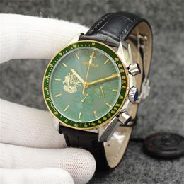 42mm Mens Watch Green Dial Quartz Chronograph Movement Stainless Steel Rockets Back Sports Men Watches Leather Strap Moon