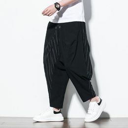 Pants MrGB Striped Patchwork Men's AnkleLength Harem Pants Cotton Linen Chinese Style Capris Large Size Vintage Summer Male Trousers