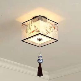 Ceiling Lights Chinese Style LED Bird Embroidery Fabric Lampshade Aisle Lamp For Home Room Decor E27