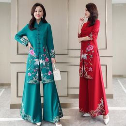 Ethnic Clothing China Traditional Midi Two Pieces Chinese Styles Vintage Women Qipao Tops Pants Set Embroidery Tang Suit