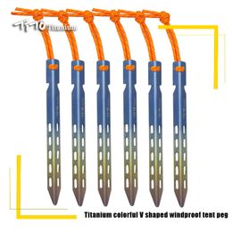Outdoor Gadgets TiTo Tent Stake 6pcs/lots Colourful V Shaped Windproof Outdoor Camping Tent Nail with Rope Suitable for Soft Ground 230609