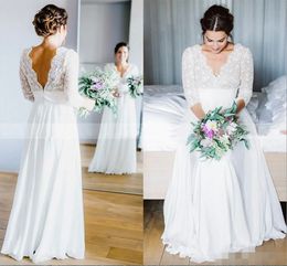 2023 Country A Line Wedding Dresses with 3/4 Long Sleeves Lace Chiffon Lace Chiffon Custom Made V Neck Floor Length Wedding Bridal Gown