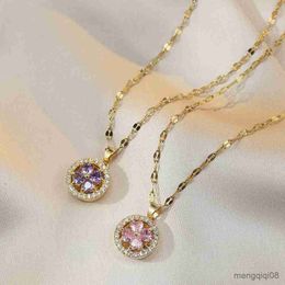 Pendant Necklaces European and American 360rotating pink crystal four-leaf clover pendant necklace for women to decompress lucky flower jewelry R230612