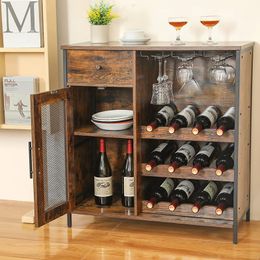 Bar cabinet with 3 level detachable wine rack and 1 drawer Industrial sideboard and buffet glass rack Coffee home and kitchen mesh