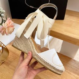 Linen Embroidered wedges Sandals heeled Platform Pumps heels open-toe women's luxury designers leather Espadrilles outsole summer holiday shoes factory footwea