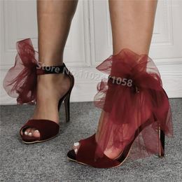 Sandals Retro Red Net Yarn Velvet Peep Toe Thin Heels For Women Summer 2023 Fashion Catwalk Hight Ladies Ankle Strap Shoes