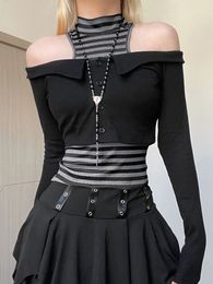 Women's T-Shirt Y2k Black Striped T-Shirt Women Summer Long Sleeve Off Shoulder Tank Top Female Harajuku Gothic Skinny Streetwear Two Pieces Set 230612