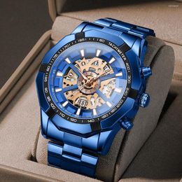 Wristwatches BINBOND Skeleton Non Mechanical Wrist Watch For Men Waterproof Quartz Wristwatch Blue Reloj Top Selling Fashion Steel Male