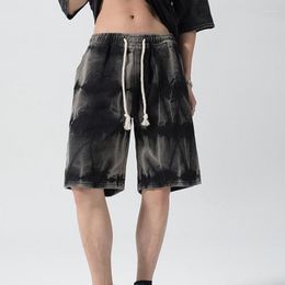 Men's Jeans Fashion Drawstring Tie-dye Denim Shorts Men's Summer Ruffian Handsome Teenagers Mid-pants Wide-leg Five-point Pants Men