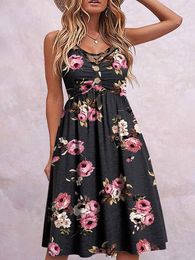 Casual Dresses Floral Maxi Dress Women Sexy Print Lace Bodycon Button Pleated Summer Beach Outfit Elegant Sleeveless Club Party