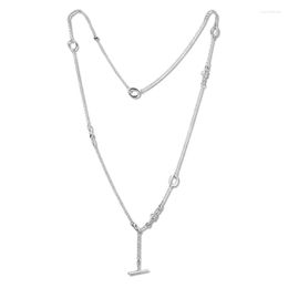 Chains Long Necklace Pendant Original 925 Sterling Silver Knotted Heart T-Bar Necklaces For Women Jewellery DIY Gift Collares Collier