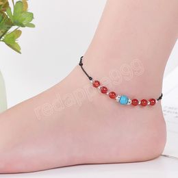 Summer Beach Ankle Bracelets for Women Sandals Barefoot Imitation Turquoise Black Rope Adjustable Leg Foot Chain Beach Jewelry